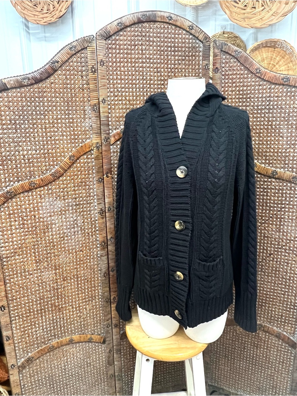 Eddie Bauer cable knit hooded cardigan sweater XL black